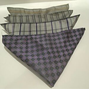 Lot of 4 Mens Pocket Squares Polyester Purple Gray Black Plaid Striped Medallion